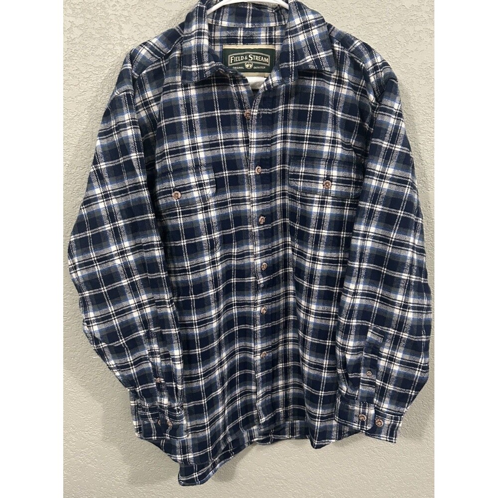 Field & Stream Flannel Shirt Men's LG Blue/Black/White Plaid Button Up Outdoors